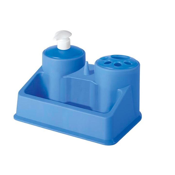 Диспенсър за течен сапун и чашка за четки за зъби с допълнителна поставка Hogar, цвят Син