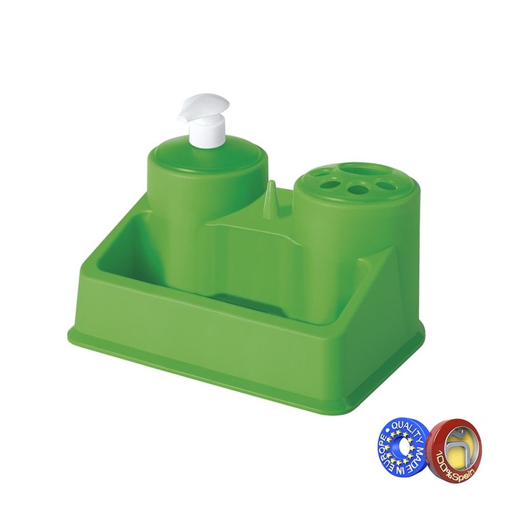 Диспенсър за течен сапун и чашка за четки за зъби с допълнителна поставка Hogar ,цвят Зелен