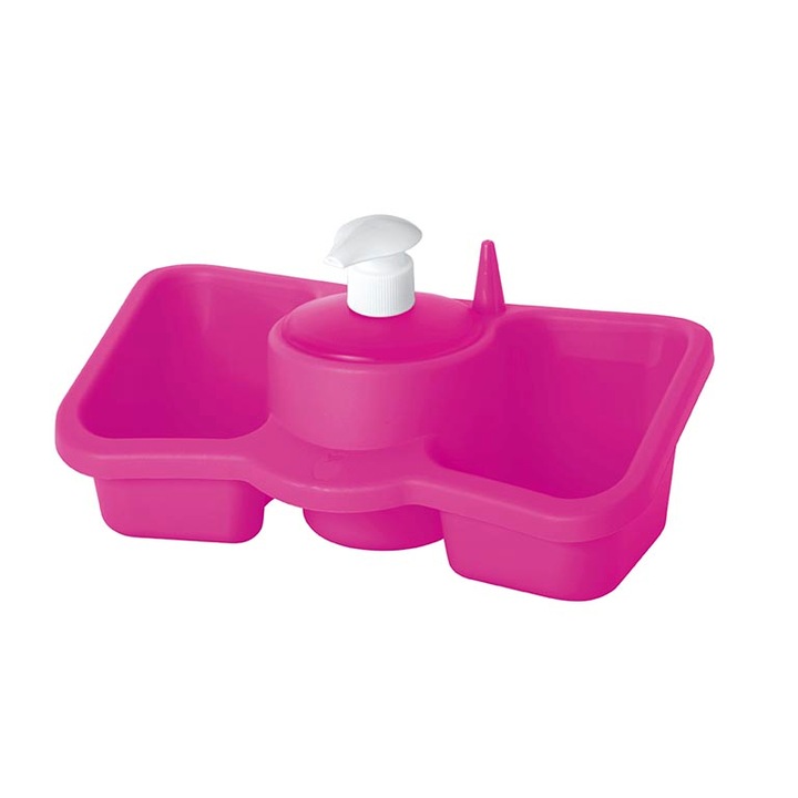 Диспенсър за течен сапун за баня и кухня с 2 поставки и ринг за пръстен Hogar, цвят Розов