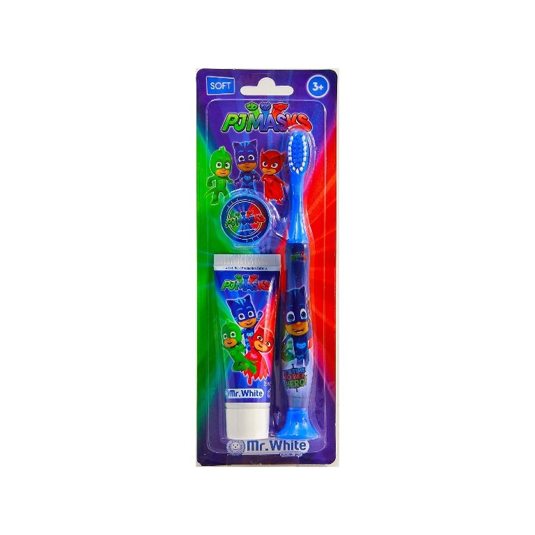 Set de ingrijire orala pentru calatorie Pj Mask, periuta cu capac, pasta de dinti 25ml, Mr.White, 36 luni+