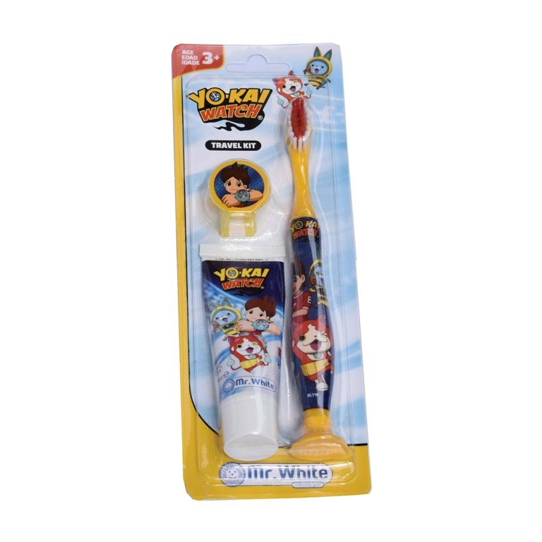 Set de ingrijire orala pentru calatorie Yo Kay, periuta cu capac, pasta de dinti 25ml-fructe mixte, Mr.White, 36 luni+