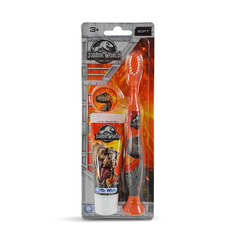 Set de ingrijire orala pentru calatorie Jurasic World,periuta cu capac, pasta de dinti 25ml-fructe mixte,Mr.White, 36 luni+