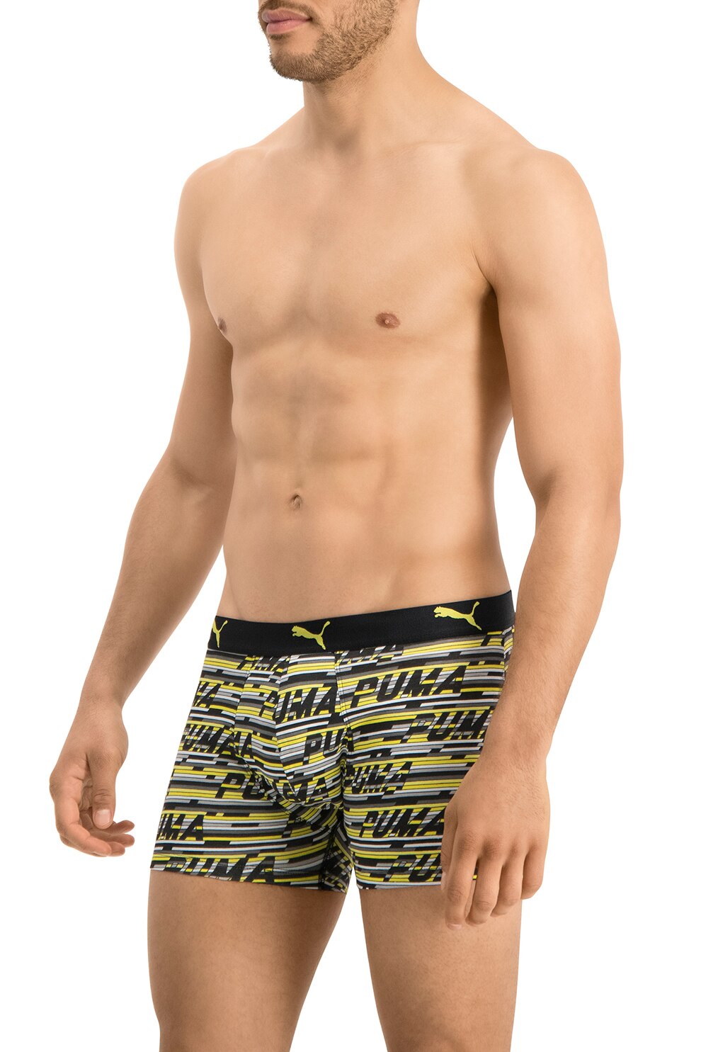 Puma, Set de boxeri cu imprimeu uni si cu dungi - 2 perechi, Galben/Negru, S
