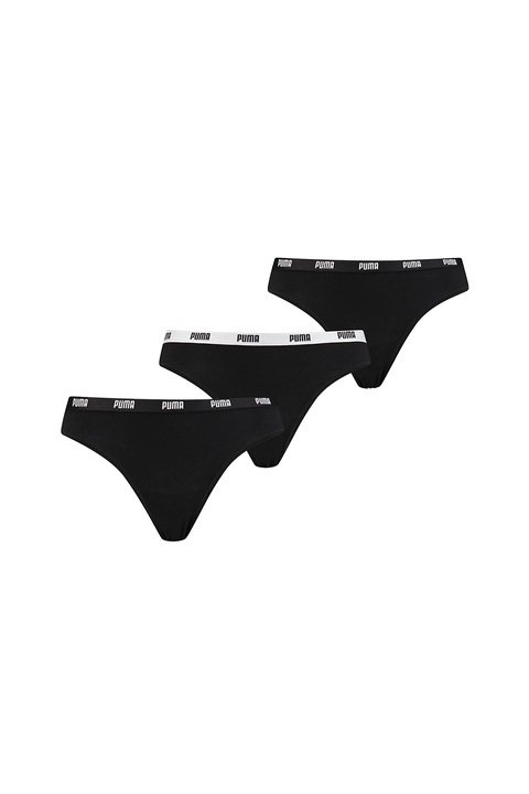 Puma, Set de chiloti tanga cu logo - 3 perechi, Alb/Negru