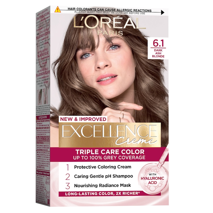 Vopsea de par permanenta cu amoniac L'Oreal Paris Excellence Creme 6.1 Blond Inchis Cenusiu, 192 ml