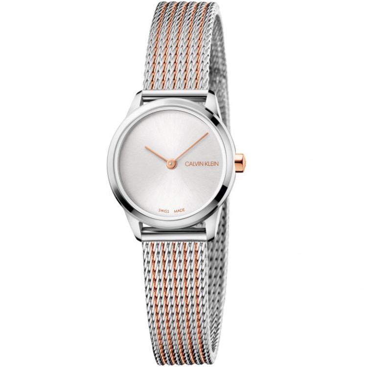Calvin Klein, Ceas quartz cu curea tip plasa, K3M23B26, 24 mm, 3 ATM, Argintiu/Auriu