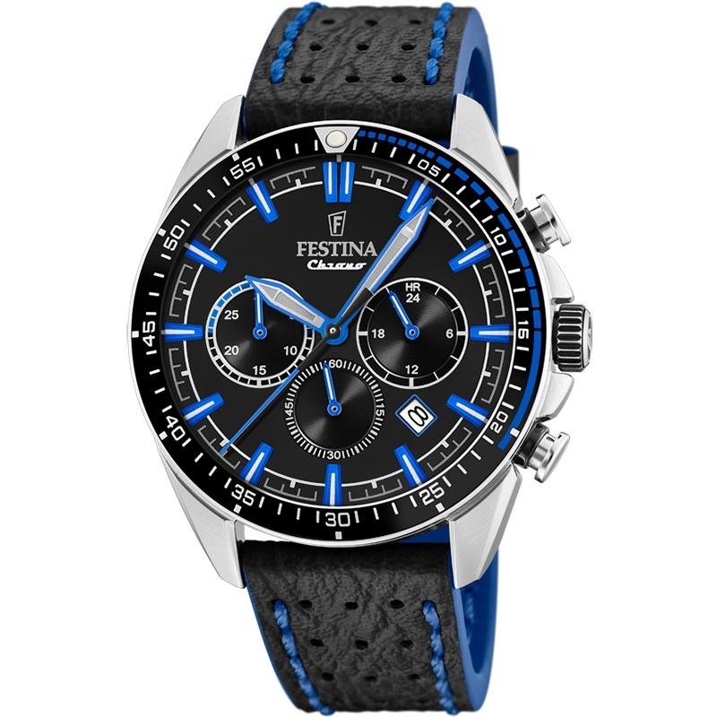 Festina, Ceas rotund cu bratara din piele CHRONO SPORT, Negru/Albastru