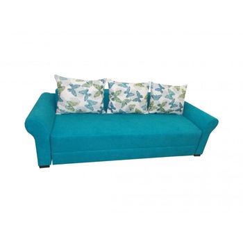 Canapea extensibila Paris, MobAmbient, Turqoise material textil, extensie din plasa de arcuri tip relaxa, cu lada de depozitare, 3 perne mari si 2 perne mici incluse, 240x140 cm Canapea extensibila Paris, MobAmbient, Turqoise material textil, extensie din plasa de arcuri tip relaxa, cu lada de depozitare, 3 perne mari si 2 perne mici incluse, 240x140 cm