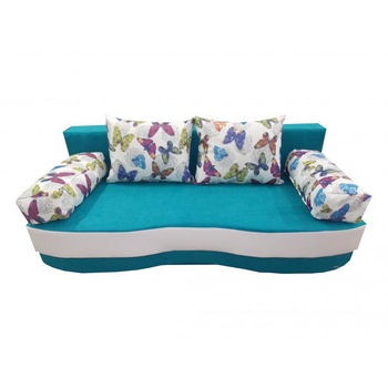 Canapea extensibila Roxy, MobAmbient, Turqoise, material textil, extensie din plasa de arcuri tip relaxa, cu lada de depozitare, 2 perne si 2 cotiere cu imprimeu incluse, 200 x 160 cm Canapea extensibila Roxy, MobAmbient, Turqoise, material textil, extensie din plasa de arcuri tip relaxa, cu lada de depozitare, 2 perne si 2 cotiere cu imprimeu incluse, 200 x 160 cm