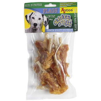 Recompense pentru caini Antos, Chicken D'light Flags, Pui, 100 g Recompense pentru caini Antos, Chicken D'light Flags, Pui, 100 g