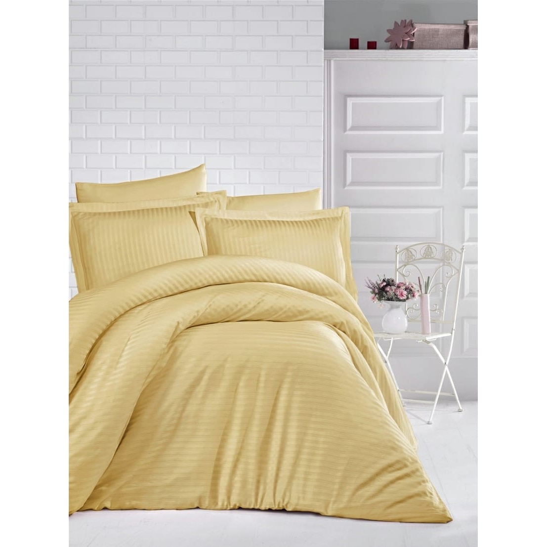 Lenjerie de pat 1 persoana damasc gros, 3 piese, Ralex Pucioasa, Mustar