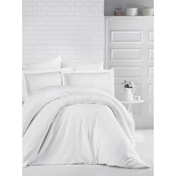 Lenjerie de pat damasc gros cu elastic pentru saltea de 140x200cm, 4 piese, Ralex Pucioasa, Alb