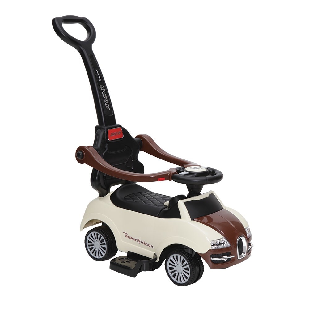 Masinuta copii si bebe NOVOKIDS™ Classico Rider 2 in 1 , Cu melodii si sunete, Maner de impins pentru parinti detasabil, Functie trotineta fara pedale, Pentru interior si exterior, Crem