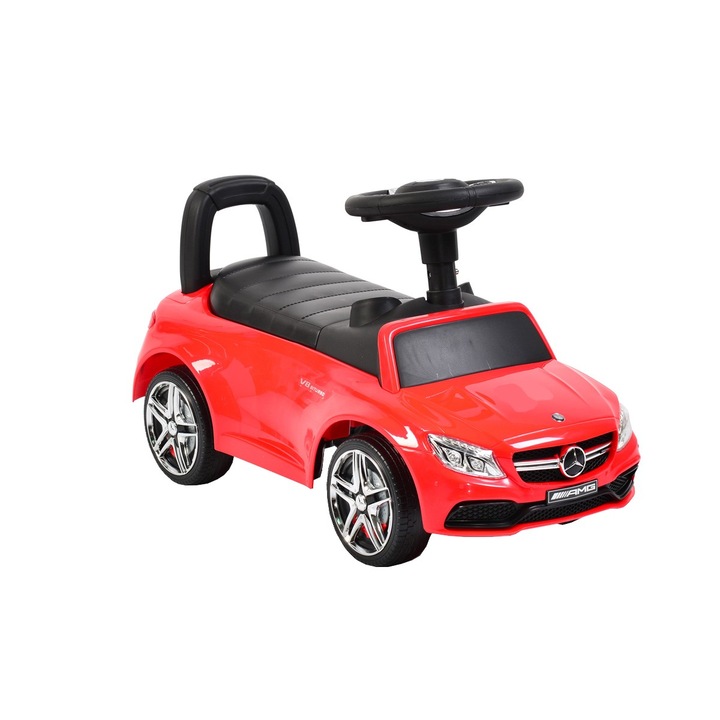 Masinuta cu functie de trotineta fara pedale NOVOKIDS™ Mercedes C63 AMG V8 Biturbo, Cu melodii si sunete, maxim 25 kg, Pentru interior si exterior, Rosu