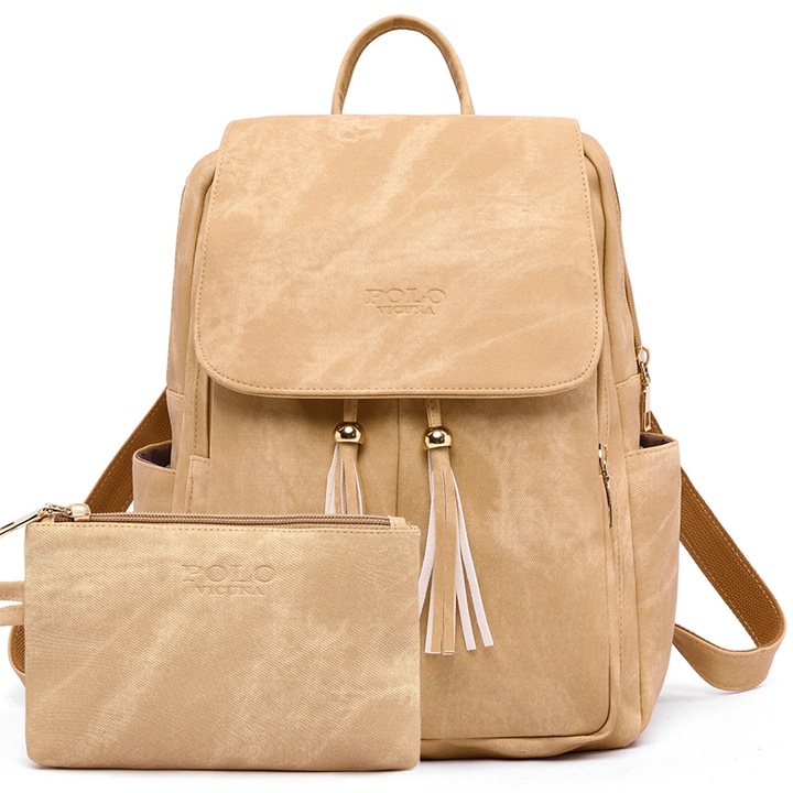 Set Rucsac si portofel de piele, Vicuna Polo Sunrose, Bej