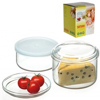 Set 2 recipiente cilindrice din sticla pentru servire si depozitare, cu 2 capace sticla si 1 capac plastic, termorezistente, Quasar & Co., d10.5 cm, h 5 cm, H8 cm