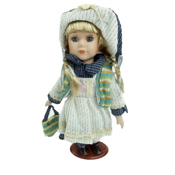 Papusa de colectie, Portelan, Rochie Vintage, model floral, albastru/alb, 33 cm Papusa de colectie, Portelan, Rochie Vintage, model floral, albastru/alb, 33 cm