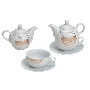 Set ceai 2 persoane din portelan alb si imprimeu Inima aurie Set ceai 2 persoane din portelan alb si imprimeu Inima aurie