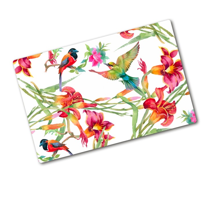 Tocator din sticla. 80 x 52. Pasari exotice. Multicolor