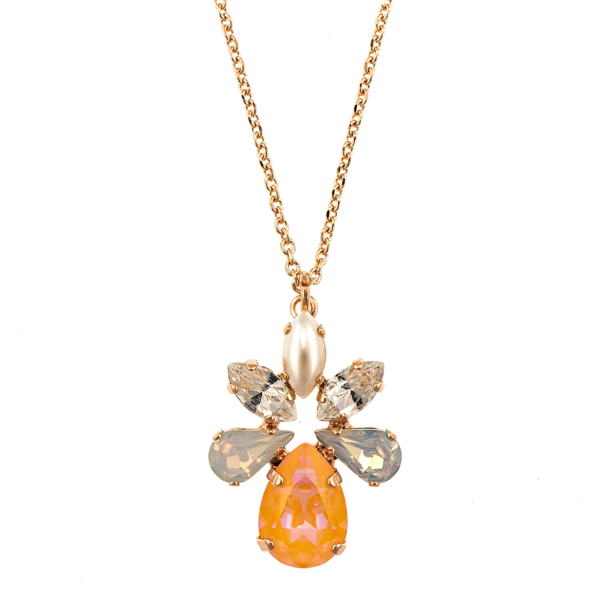 Pandantiv cu lant placat cu Aur roz de 24K, Cristale, Gardenia - Botanica by Roxannes - Mariana Jewellery, Alb/Creme 5032/8-1913RG