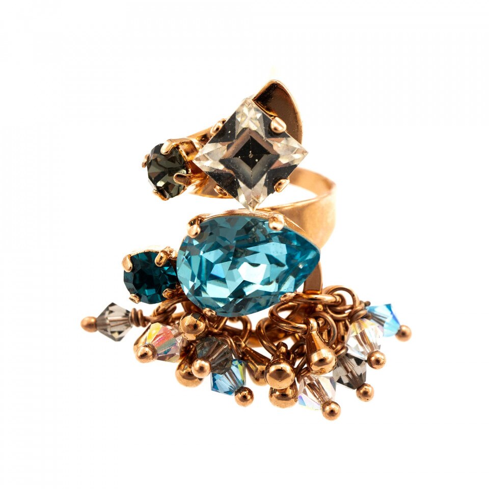 Inel placat cu Aur roz de 24K, Cristale Swarovski, Nightfall - Mystique by Roxannes - Mariana Jewellery, Albastru 7504-1114RG