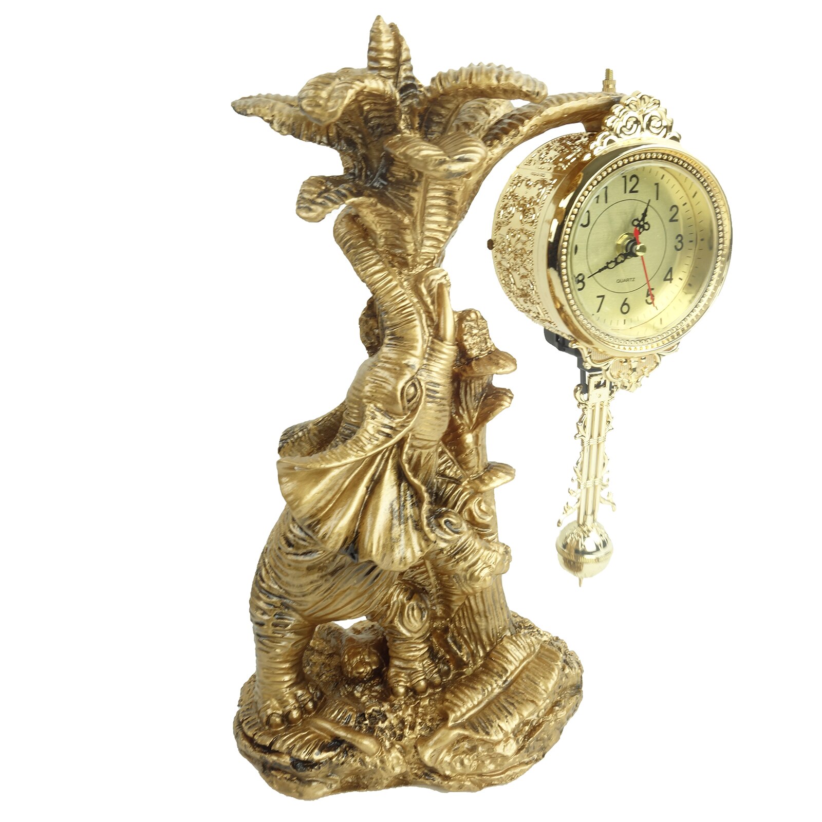 Decoratiune din rasina cu ceas, model elefanti, auriu, 35 cm