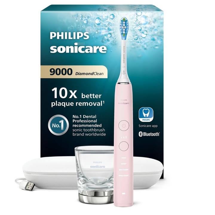 Ел. четка за зъби Philips Sonicare DiamondClean HX9911/29, до 62000 движения на четката/мин, 4 режима, 3 нива на интензивност, Свързване към приложение, Сензор за натиск, Функция BrushSync, 1 дръжка, 1 глава, Калъф за пътуване, Чаша за зареждане