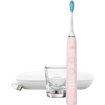 Periuta electrica sonica Philips Sonicare DiamondClean HX9911/29, 62000 miscari/minut, 4 moduri de curatare, 3 intensitati, conectivitate la aplicatie, senzor presiune, functie BrushSync, 1 cap de periere, toc de transport, pahar de incarcare, Roz
