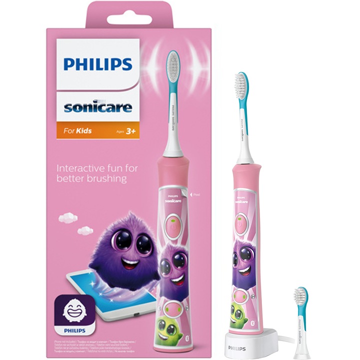 Ел. четка за зъби Philips Sonicare Kids HX6352/42, до 62 000 движения на четката/мин, 2 режима на почистване, Свързване към приложение, 2 глави за четка