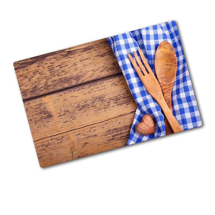 Tocator din sticla. 80 x 52. Tacamuri din lemn. Multicolor