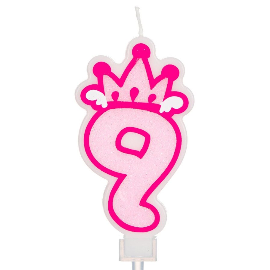 Lumanare cifra 9, Zola®, roz, model cu coronita, 7 cm