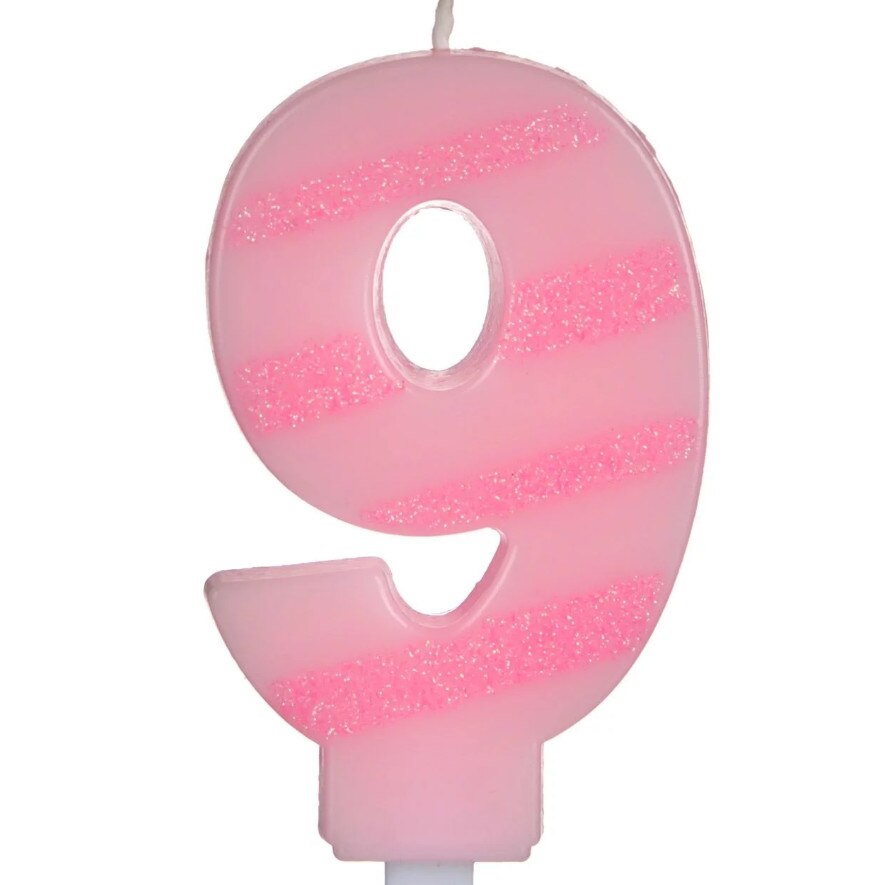 Lumanare cifra 9, Zola, roz cu dungulita sclipicioasa, 7 cm