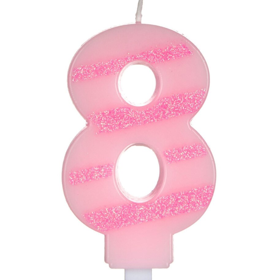 Lumanare cifra 8, Zola, roz cu dungulita sclipicioasa, 7 cm