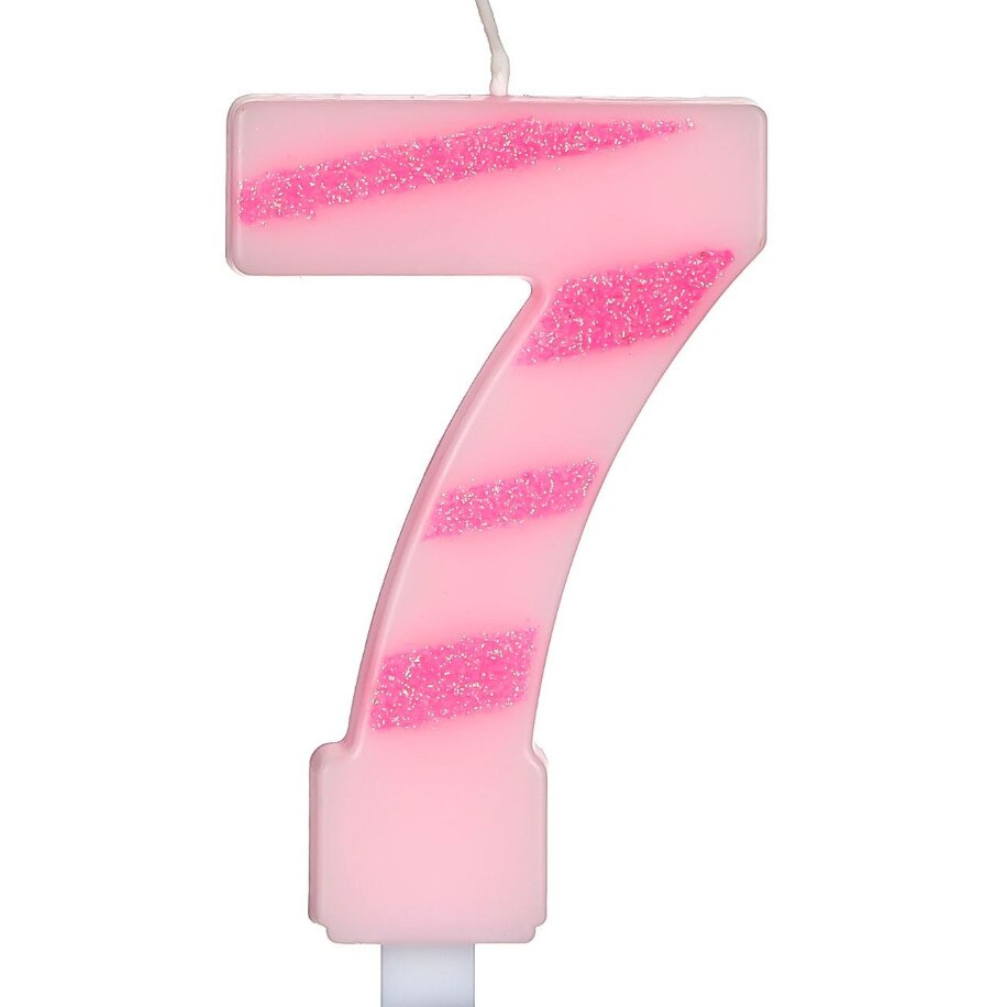 Lumanare cifra 7, Zola®, roz cu dungulita sclipicioasa, 7 cm
