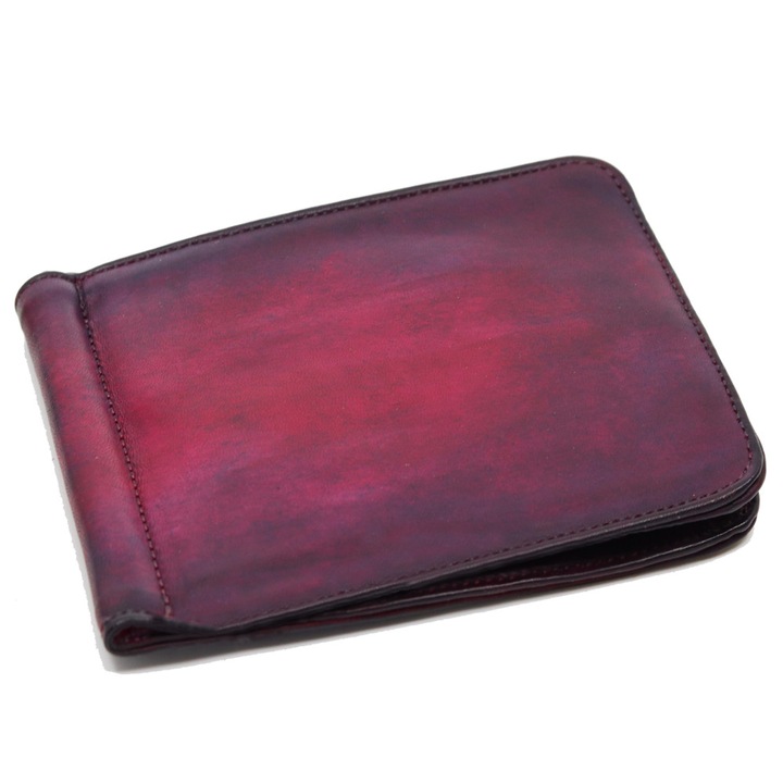 Portofel Money Clip PaPrezzo, Piele Naturala, Vopsit prin tehnica Patina, Culoare Visiniu