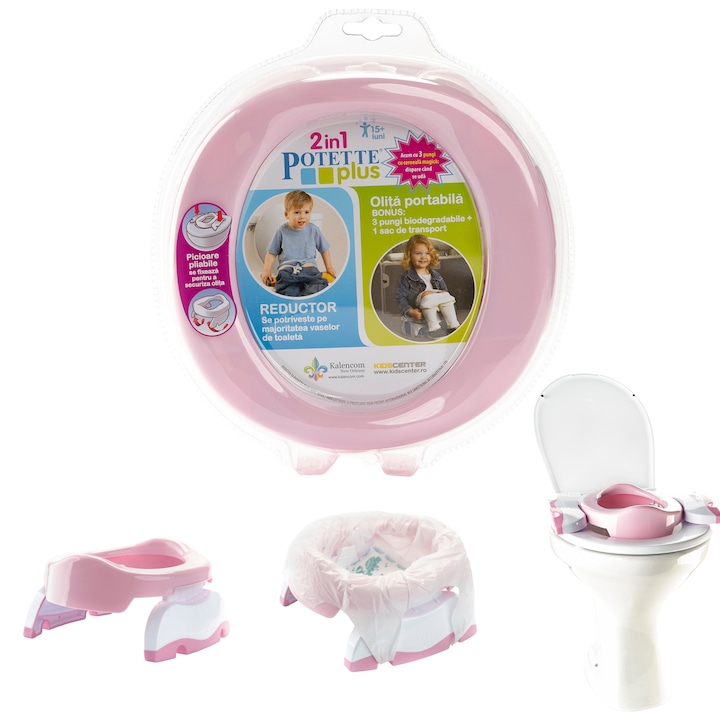 Olita Portabila pentru Copii Potette, 3 Pungi Biodegradabile, Toaleta Pliabila Copii 2in1, Olita si Reductor Wc, Punga transport, Picioare Rabatabile, Ideal pentru Calatorii, Masina, Tren, Avion, Camping, Usor de Transportat, Alb/Roz