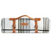 Patura Picnic Impermeabila VonShef 1007819 White Stripe, Chingi si Maner Transport de Piele, 147cm x 180cm