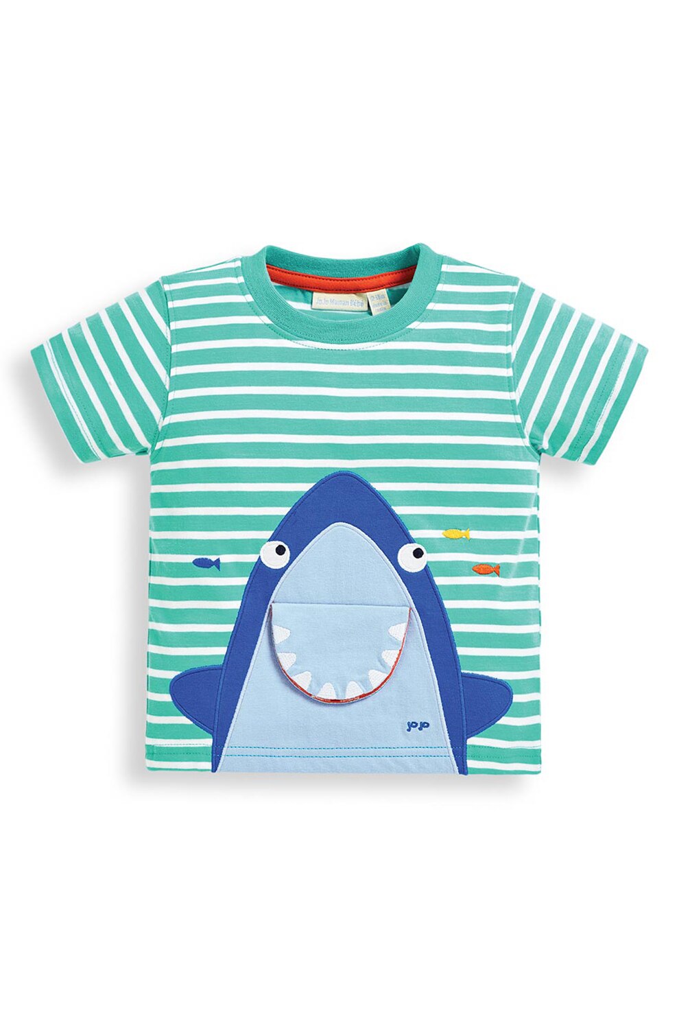 JoJo Maman Bebe, Tricou cu model in dungi si aplicatie, Albastru aquamarin/Albastru