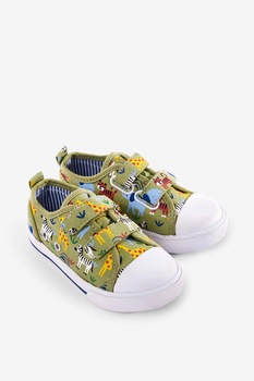 JoJo Maman Bebe, Tenisi de panza cu model cu animale, Kaki/Alb/Galben, 22 EU JoJo Maman Bebe, Tenisi de panza cu model cu animale, Kaki/Alb/Galben, 22 EU
