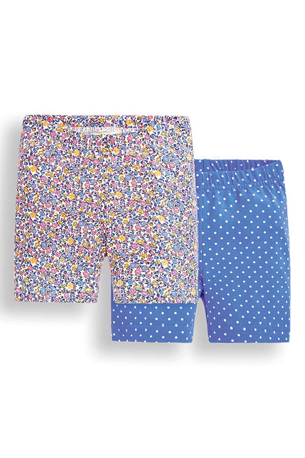 JoJo Maman Bebe, Set 2 perechi de pantaloni scurti, fete, cu buline si imprimeu floral, Albastru/Alb/Roz, Albastru/Alb/Roz