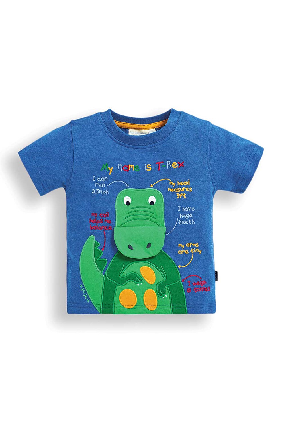 JoJo Maman Bebe, Tricou cu aplicatie dinozaur, Albastru inchis/Verde/Oranj, 78 CM