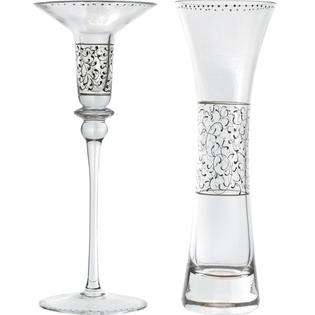 Set Vaza Si Sfesnic Flory Pictat Manual Culoare Alb H 25 Cm