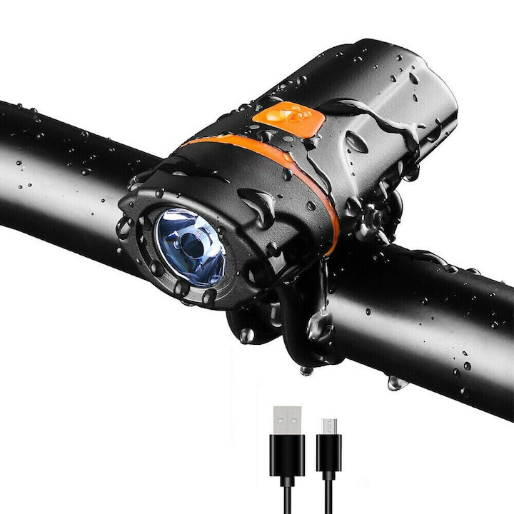 Far profesional orange CS227, Reincarcabil USB, 6 moduri de luminare, culoare neagra