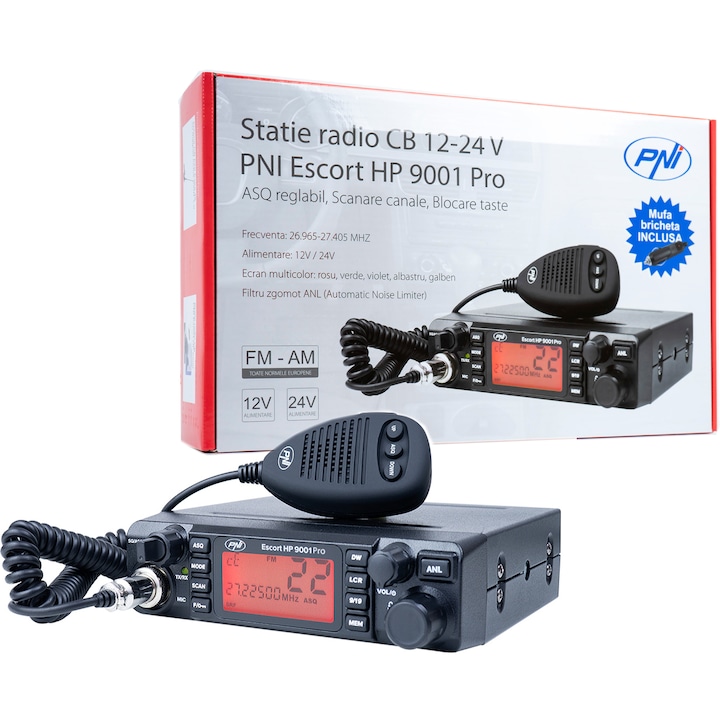 Радиостанция CB PNI Escort HP 9001 PRO ASQ, Регулируема, AM-FM, 12V/24V, 4W, Scan, Dual Watch, ANL, Многоцветен екран