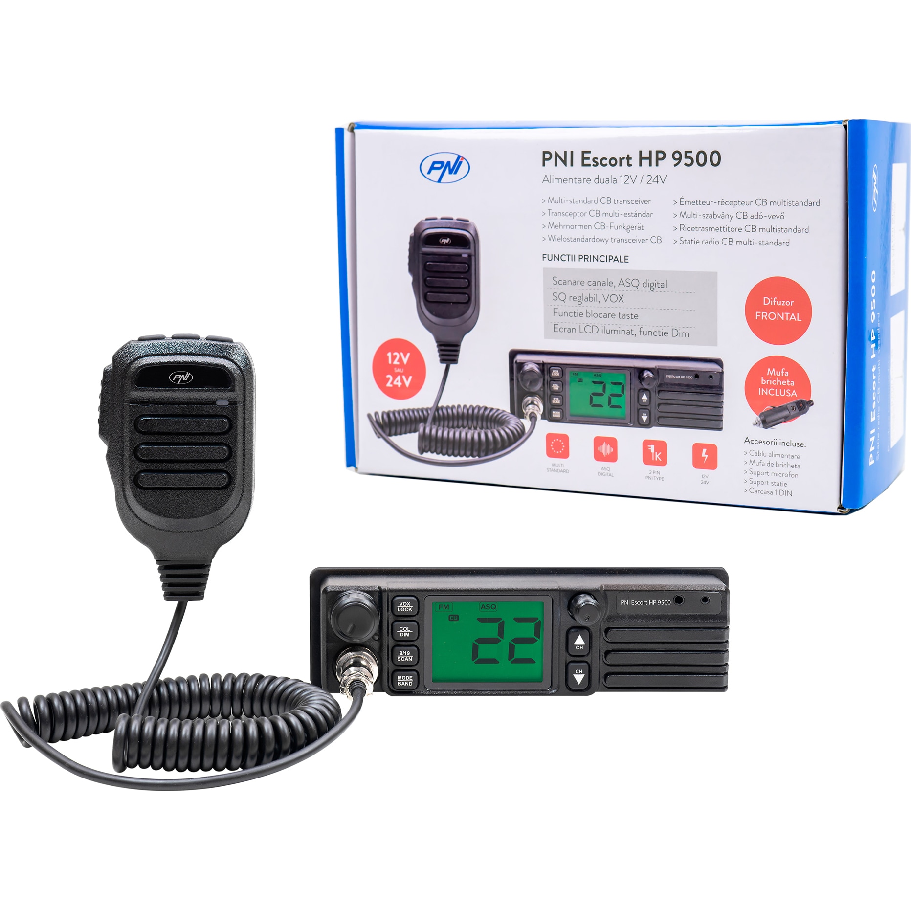 PNI Escort HP 9500 CB multistandard rádióállomás, ASQ, VOX, Scan, 4W, AM-FM,  12V 24V tápegység, szivargyújtó csatlakozóval