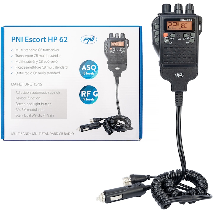 Statie radio CB portabila PNI Escort HP 62, multi standard, 4W, 12V, AM-FM, ASQ reglabil pe 5 niveluri, RF Gain pe 9 niveluri, Dual Watch, Scan, Lock