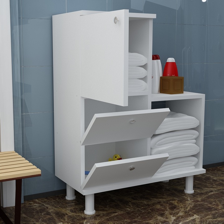 Шкаф за баня Homs, Functional, 4 места за съхранение, 67,4 x 87 x 29,5 cm, Бял, ПДЧ