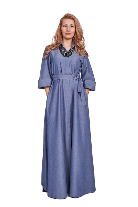 Дълга Дамска Рокля DS STYLE, Разкроена, Елегантна, Стилна, с колан, 100% памук, 42 EU, Синя