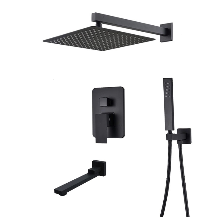 Set de dus negru cu para patrata, design minimalist, negru mat, dus tip ploaie, cu baterie incastrata, 3 functii de curgere a apei