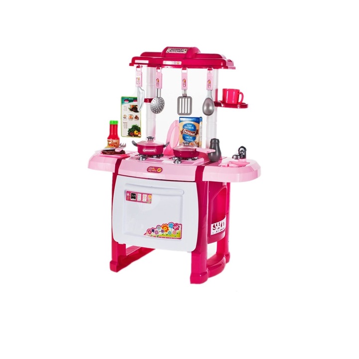 Bucatarie pentru copii cu sunete, 2 arzatoare luminoase, cuptor cu usa mobila si 17 accesorii incluse, 62 x 52 x 36 cm, Pink